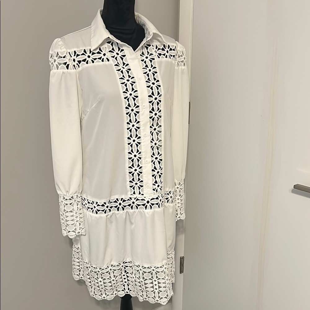 White Bishop Sleeve Sheath Dress with Notched Collar